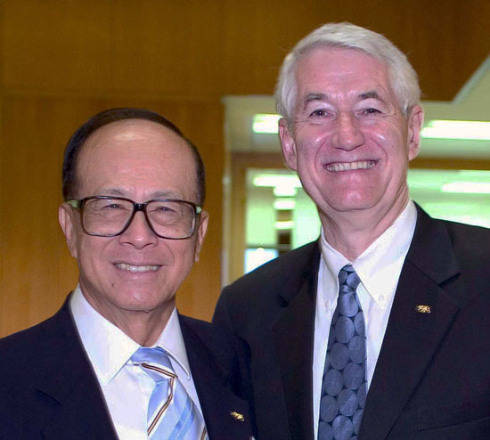 Li Ka-Shing, one of the richest men in Asia, poses for a photo op with then UC Berkeley Chancellor Roberet "Grinnin' Bobby" Birgeanu on the occasion of the dedication of the Li Ka-Shing Center for Biomedical and Health Sciences and the bestowal on the first-time visitor of the Berkeley Medal, the campus's highest honor, given to those "whose work or contributions to society illustrate the ideals of the university."